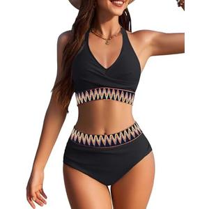 AI'MAGE Women High Waisted Bikini Sets Tummy Control Swimsuits Two Piece Swim Suits 2025 Color Block Halter Bathing Suits Small
