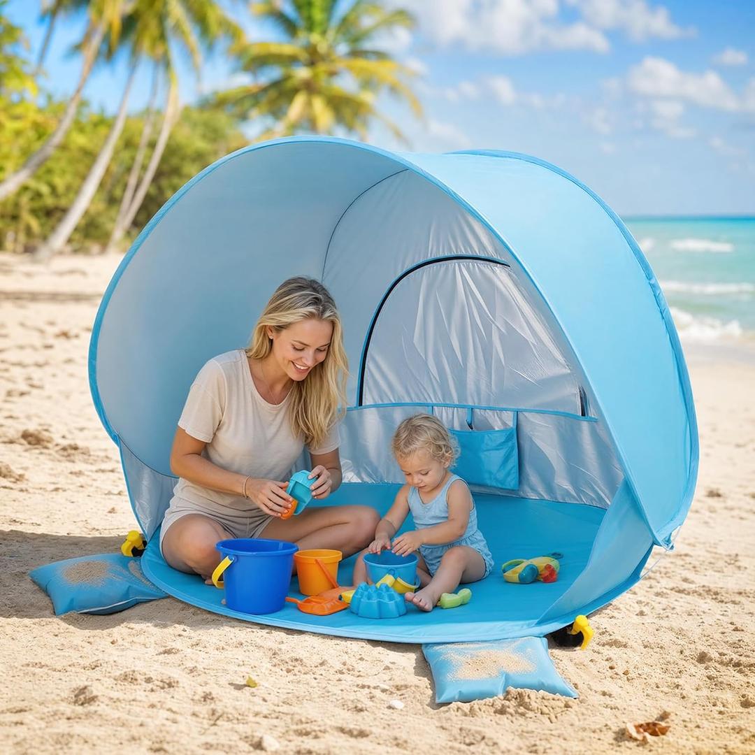 Baby Beach Tent Extra Large Pop Up Baby Tent with UV Protection - Spacious Family Sun Shelter for Parent & Child, Portable Beach Essentials (Blue, 53.1" x 36.6" x 37.4")