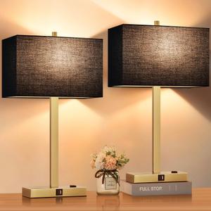 Lynnoland 21" Set of 2 Bedside lamp with USB A+C & AC Outlets, Touch Control 3-Way Dimmable Nightstand Lamps for Bedroom Living Room Office Reading, Black Shade Touch Lamps, 3000K LED Bulbs Included