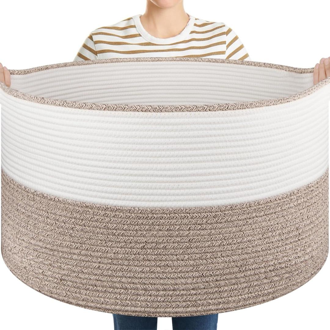 OIASKET Large Blanket Basket with Handles, 22.8" x 22.8" x 13" Woven Storage Basket for Living Room, Cotton Rope Baby Toy Storage for Clothes, Pillows, Towels-Brown & White