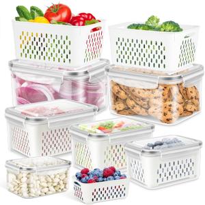 6 Pack Fruit Storage Containers for Fridge, Produce Saver Vegetable Container with Drain Colanders - Refrigerator Organizer for Lettuce Keepers Berry Container