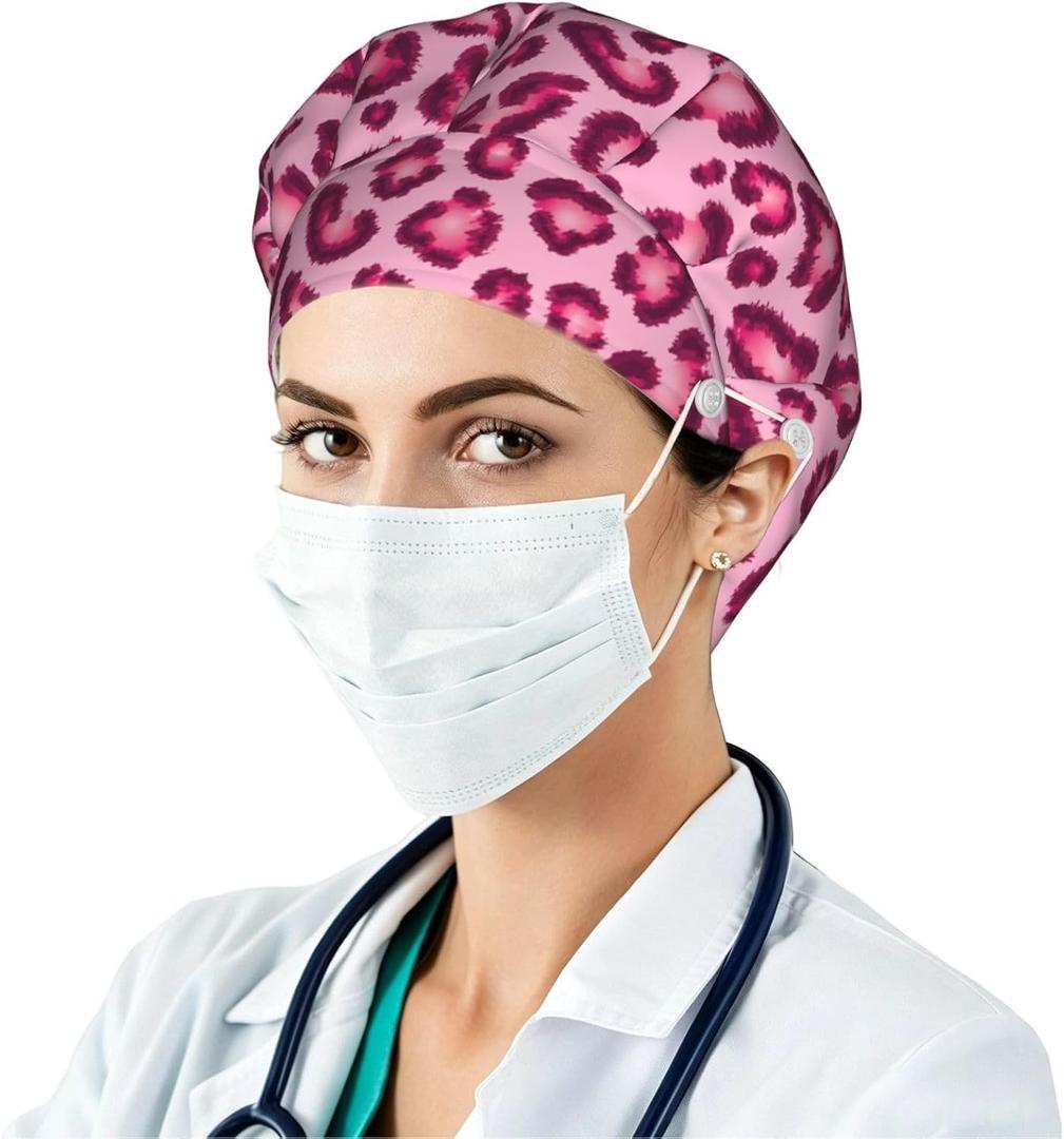 Working cap with button and sweatband adjustable surgical cap for men women (Pink, M)