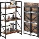 JSB No Assembly Folding Bookshelf, 3 Tier Industrial Metal Book Shelf for Storage, Vintage Wood Foldable Bookcase for Living Room, Bedroom, Office Organization Shelves (Fire Brown)