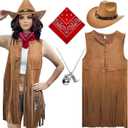 ATAMET Western Cowgirl Outfits for Women Cowgirl Fringe Vest Cowboy Hat Necklace Bandana,70s Hippie Costume for Halloween (Medium, Brown)