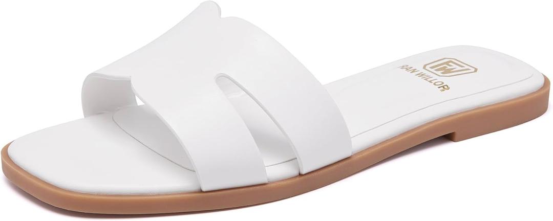 Women's Flat Sandals Dressy Comfortable Slide Sandals Fashion Square Open Toe Slip On Beach Sandals for Summer (White) Size: 8
