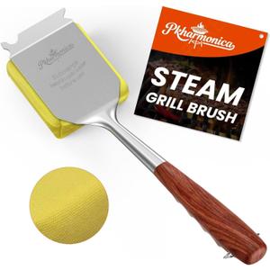 Grill Brush for Outdoor Grill, Bristle Free Grill Brush with Scraper, Safe Steam Grill Cleaner for BBQ &Griddle, Long Rosewood Handle Reaches Corners, for Porcelain, Cast Iron & Stainless Steel Grates
