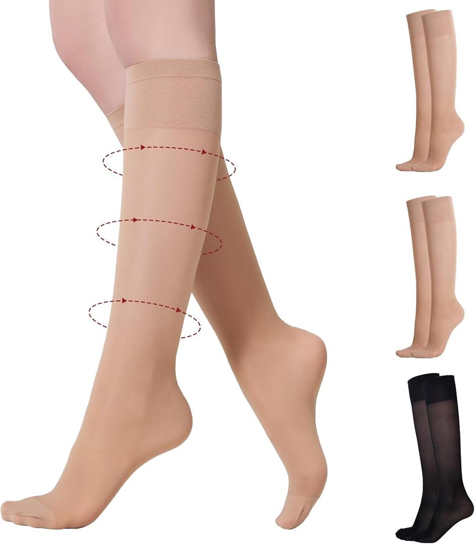 Yilanmy 3 Pairs Sheer Compression Socks for Women 8-10 mmHg Knee High Stockings Support Work Office Travel Daily Wear (S)