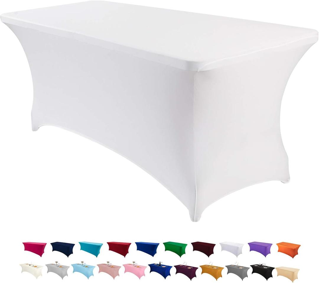 Peomeise 2PCS 6FT Spandex Table Cover Rectangular Stretch Spandex Tablecloth (White,6FT)