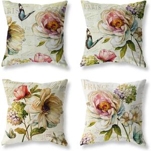 Farmhouse Decorative Throw Pillow Covers Vintage Flower Pillows Cover 18x18 Inch Set of 4 Cotton Linen Floral Outdoor Cushion Case Pillow Cases for Sofa Couch Living Room Bed Indoors Home Decor (A Vintage Yellow Flower 4pc)