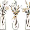 Pigort 3 Pieces Metal Flowers Wall Art- Rustic Farmhouse Decor Minimalist Decor for Living Room Bathroom Bedroom Dining Room, Housewarming Gifts Christmas Decoration(Beige, Vase-C)