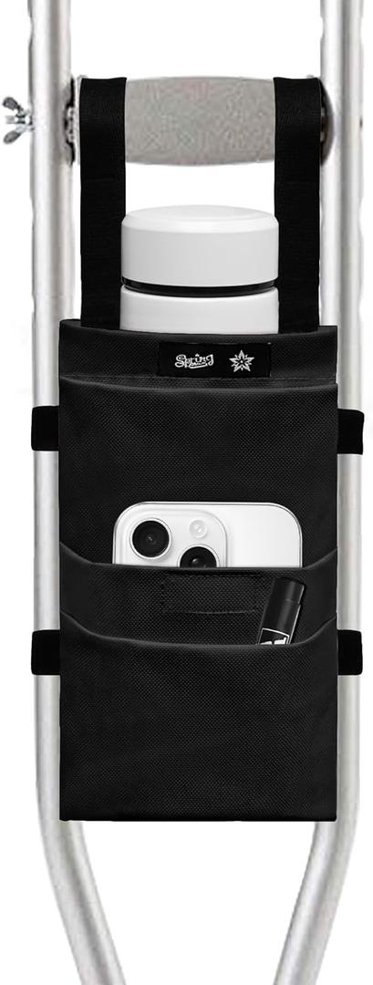 SPRING SEAON Crutch Bag Water-Resistant Pouch Lightweight Accessory Storage Carry Kit Cup and Bottle Pocket Holder Crutches Accessories for Kids, Men, Women Black