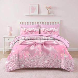 Nesker 7 Pcs Comforter Set Queen Size, Pink Glitter Bow Bedding Set for Kids and Adults, Trendy Pretty Girly Bed Sheet Sets with Fitted Sheet 2 Pillowcases & 2 Shams