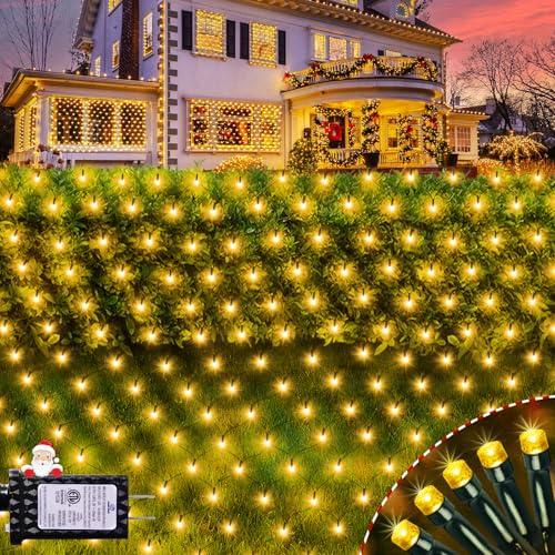 Hezbjiti Christmas Net Lights Outdoor 200 LED 6.9FT x 5.4FT Green Wire with 8 Modes, Connectable Plug in Waterproof, Timer Memory Function for Xmas Tree Bushes Porch Lawn Windows Decor（Warm White）