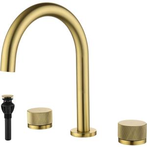 8 Inch Widespread Gooseneck Bathroom Faucet Two Handle Basin Mixer Tap with Pop Up Waste Brushed Golden