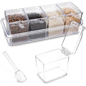 Clear Seasoning Box, 4 Pieces Seasoning Rack Spice Pots, Storage Container Condiment Jars Acrylic Seasoning Box with Covers and Spoons for Spice, Sugar, Salt, Sugar, Cardamon, Cinnamon