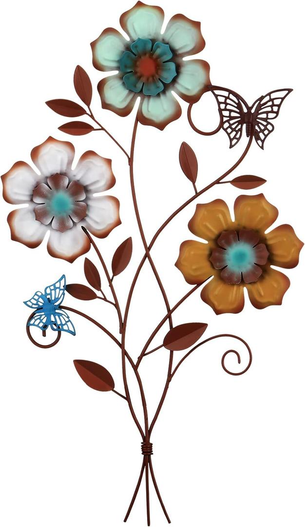 Moxweyeni Tricolor Flower Wall Decor Vintage Metal Wall Art Decor Rustic Hanging Flowers Decorative Metal Floral Art for Home Living Room Bathroom Indoor Outdoor, 15 x 9.1 Inch(1 Piece)
