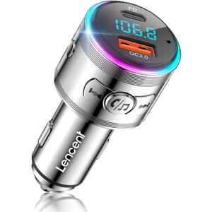 Bluetooth Transmitter for Car, LENCENT Full Metal Bluetooth 5.3 Car Adapter Dual USB Fast Charging 48W(PD 30W & QC3.0 18W), Wireless FM Radio Transmitter with Hi-Fi Music, Hands-Free Calling