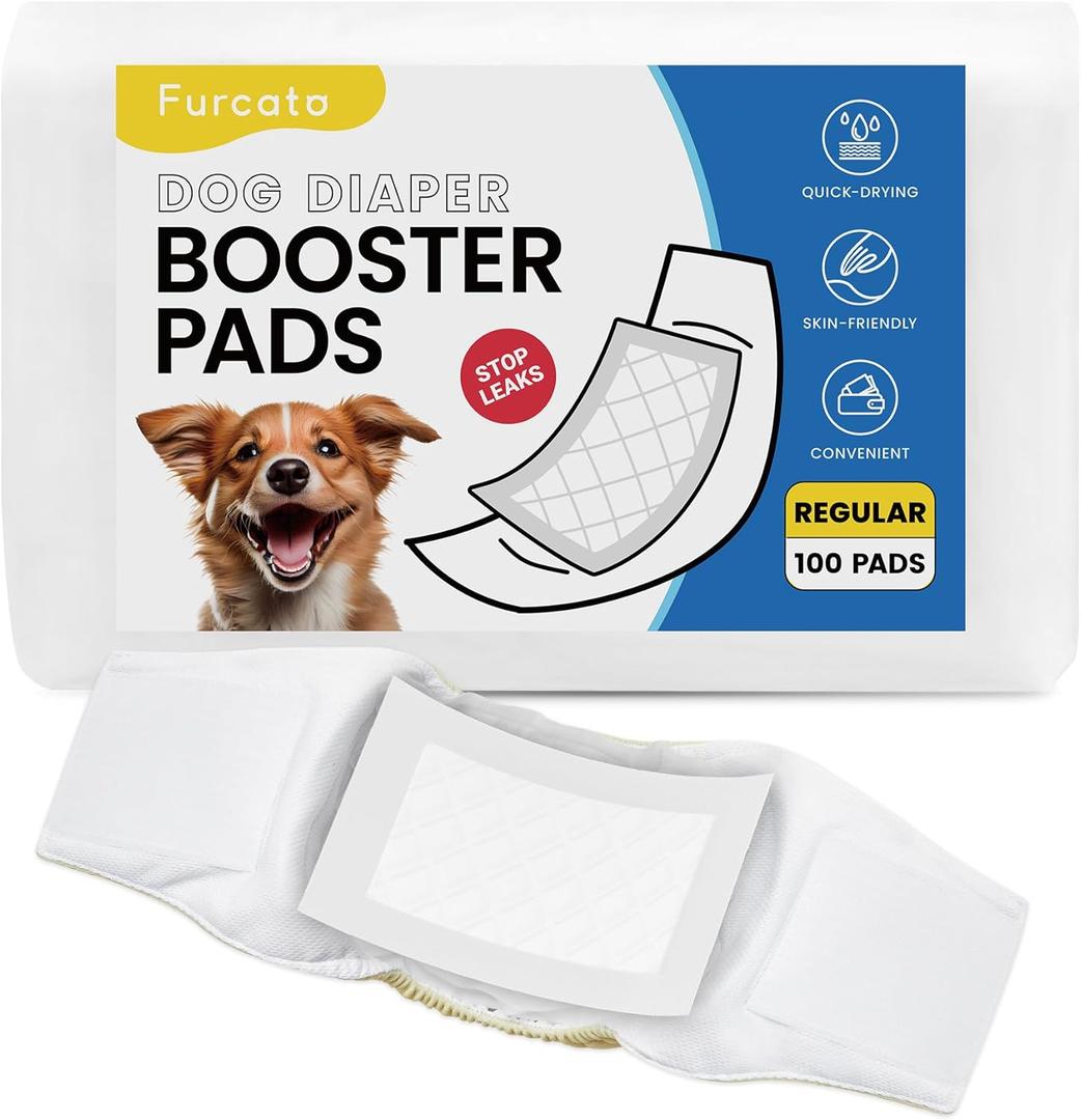 Disposable Dog Diaper Liners Booster Pads for Male & Female Dogs - Count of 100 | Diaper Inserts fit Most Washable Dog Wraps and Belly Bands, Regular