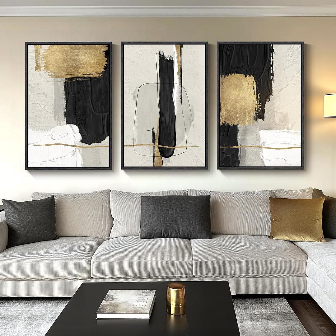 Large Framed Black and White Abstract Wall Art for Living Room, 3 Piece Big Canvas Prints Paintings Artwork for Walls, Modern Minimalist Black Gold Pictures for Hallway Office Wall Decor 24x36 Inch (Block)