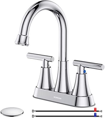 Bathroom Faucets for Sink 3 Hole, Hurran 4 inch Chrome Bathroom Sink Faucet with Pop-up Drain and Supply Hoses, Stainless Steel Lead-Free 2-Handle Centerset Utility Faucet for Sink Vanity RV