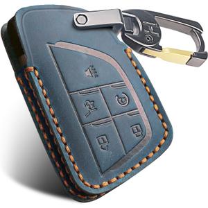 Genuine Leather Key Fob Cover for Chevy, Smart Fob Cover Case Compatible with 2021/2022/2023/2024/2025 GMC Yukon Denali Sierra Chevrolet Tahoe Suburban Silverado Buick (Blue, 5 Button)