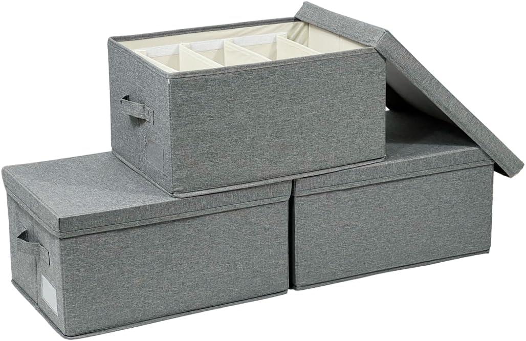 ChicnChill Foldable Closet Storage Box With Adjustable Dividers, Pack 3, Made in Vietnam Drawer Storage Organizer, 17.3x13.4x9.4 inch Fiber Bins for Smart Organizing, Durable Oxford Boxes (Gray)