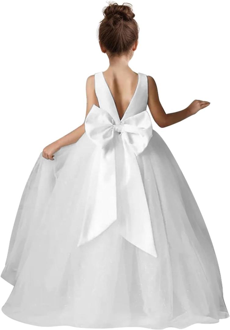 Elegant Satin Tulle Flower Girls Dresses for Wedding V-Back Junior Bridesmaid Dress Girls Ball Gown for First Communion White Size 14