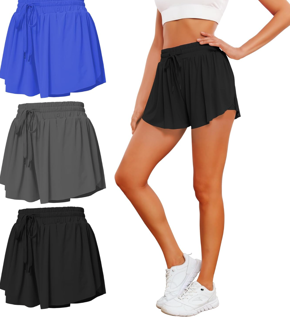 2 in 1 Flowy Athletic Shorts for Women - Gym Double Layer Butterfly Shorts Pack S
