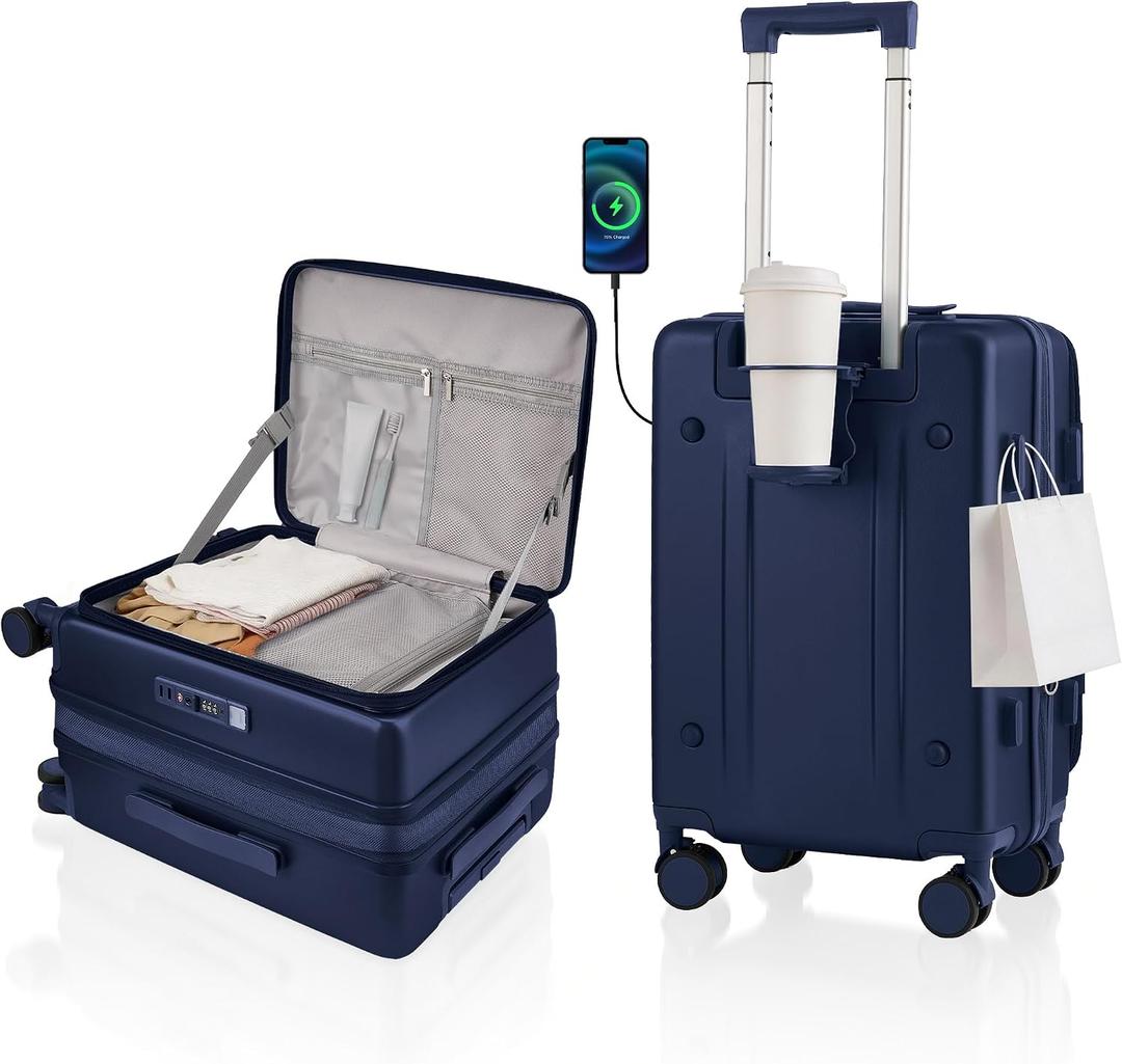 Expandable 20Inch Carry On Luggage Airline Approved - Top Opening Hardside Travel Suitcase Unbreakable -with Cup Holder,USB Charge,Side Pothook, 360Spinner Wheels, TSA Lock-Navy Blue