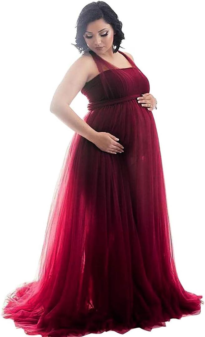 Women Off Shoulder Long Sleeve Maternity Dress Tulle Elegant Slim Fit Gown Baby Shower Photography Maxi Dress for Photo Shoot (X-Large, Z#wine Red)