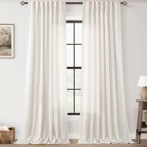 2 Panels Set Cream Linen Curtains 108 inches Long For Living Room Neutral Rustic Farmhouse Light Filtering Semi Sheer Linen Drapes 108 inch Ceiling To Floor For Large Window Villa Hallway Ivory 9 FT (Natural)