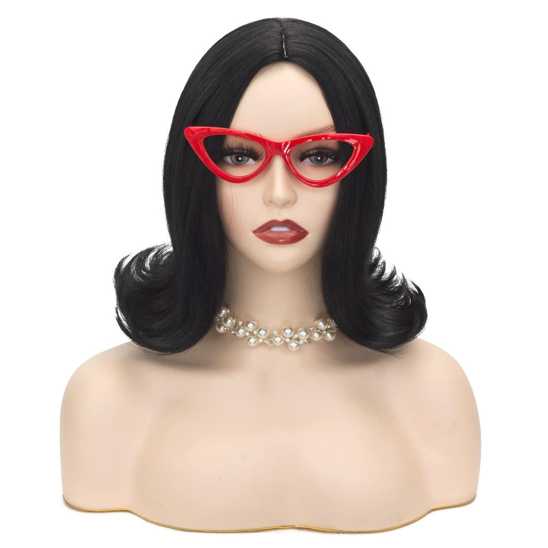 Short Black Bob Wig for Women Cosplay Costume Halloween+ Red Glasses