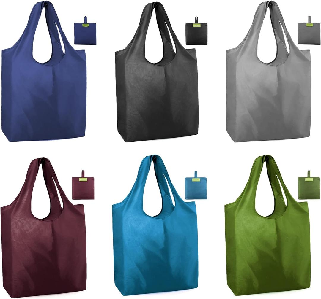 BeeGreen Reusable Bags Tote Bags for Women - 6 Pack Bulk Extra Large Reusable Gifts Bag with Handles - Heavy Duty Foldable Machine Washable Travel Grocery Bag Organizer (Packable Shopping Bags) (Black, Blue, Navy, Green, Gray, Burgundy)