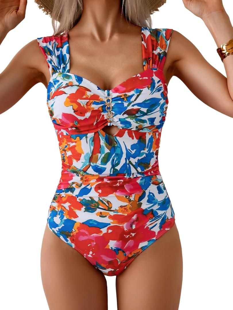 Eomenie Women's One Piece Swimsuit Tummy Control Cutout Bathing Suit Push Up Wide Straps Swim Suit (Medium, Red Blue Floral)