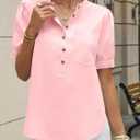 Cicy Bell Womens Puff Sleeve Tops Button Down Shirts Summer Casual Collared V Neck Cotton Blouse (Pink)