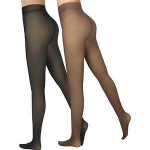 Delcast 2 Pairs Fleece Lined Tights WomenFake Translucent Thermal Sheer Thick Pantyhose Leggings for Winter (Medium, Black+Brown)