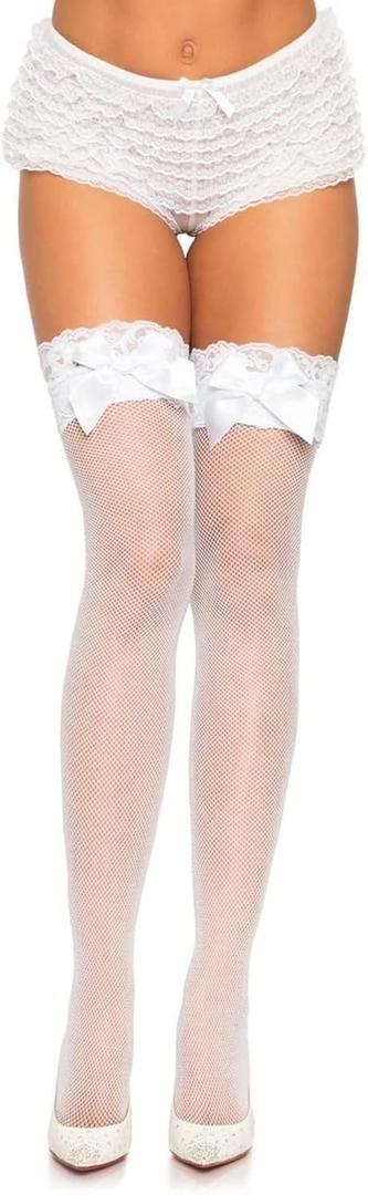 Leg Avenue womens Lace Top Fishnet Thigh High Stockings With Bows (One Size, White)