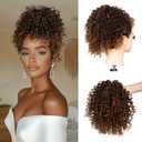 Short Kinky Curly Brown Drawstring Ponytail Extension for Black Women Synthetic Ombre Brown Afro Kinky Curly Ponytail Drawstring Extension Messy Bun Hair Piece for Daily Party 10Inch T1B/30