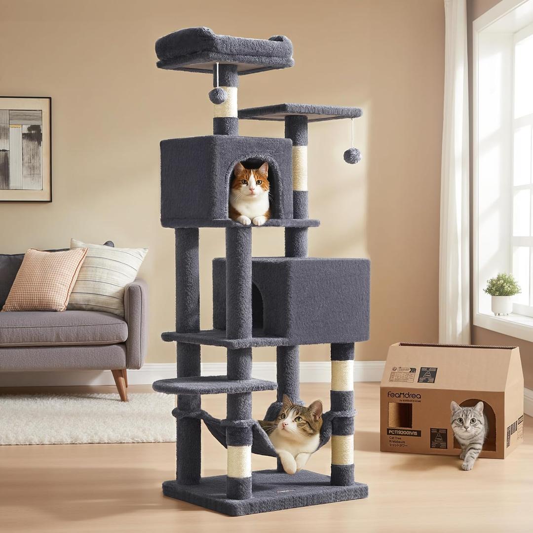Feandrea Cat Tree, 59.5-Inch Tall Cat Tower, Plush Multi-Level Condo with 5 Scratching Posts, 2 Perches, 2 Caves, Hammock, 2 Pompoms, Smoky Gray UPCT192G01