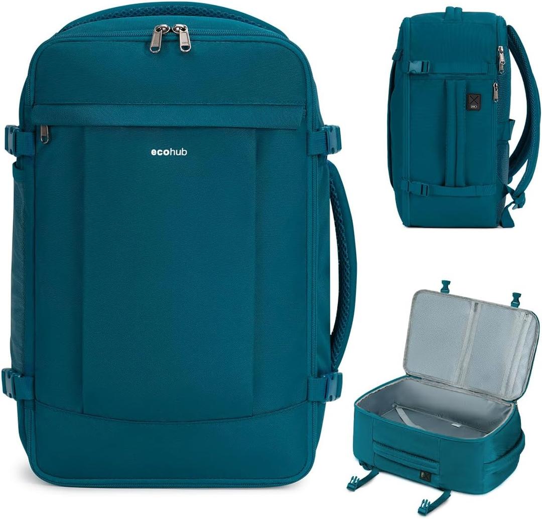 ECOHUB 17'' Small Travel Backpack, United Airlines Personal Item Bag 16.9"x10"x7.5" Carry on Backpack with USB Port Luggage Sleeve Travel Essentials for Men Women Water Resistant, Teal (17 inch underseat, Blue Green)