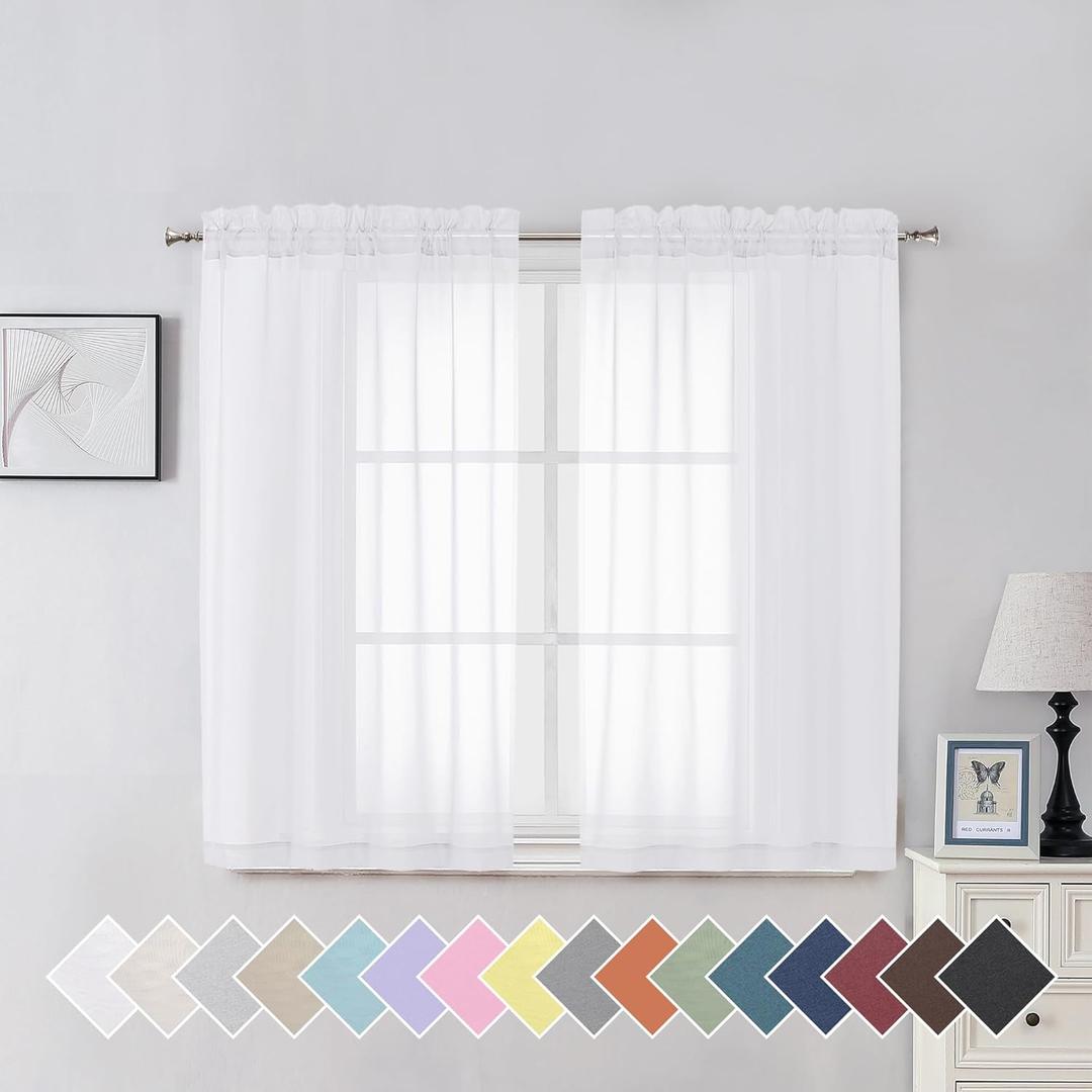 Aiyufeng White Sheer Curtains for Living Room 45 inch Length 2 Panels Set, Rod Pocket Semitransparent Balance Privacy & Light Vertical Sheer Drapes for Bedroom, W40 x L45