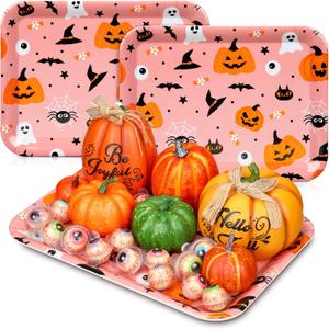 3 Pack Halloween Serving Trays 13 x 10 Inch Reusable Serving Platter Halloween Food Tray Halloween Snack Tray Halloween Pumpkin Ghost Spider Serving Tray Cute Birthday Party Supplies (Orange Pink)