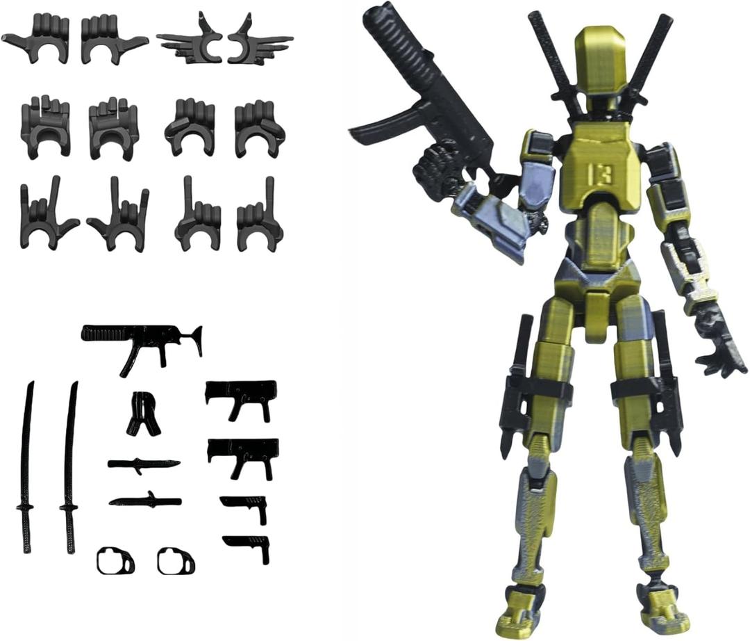 Pre-Assembly 3D Printed 5.54'' Stick 13 Action Figure, Multi-Jointed Tian13, Articulated T13 Desktop Decoration,12 in 1 d13 Accessories, Best Birthday Festival Gift (Gold Mix Silver)