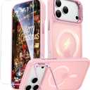 for iPhone 17 Pro Case with Stash Lens Stand and 9H Screen Protector, Compatible with MagSafe, Military-Grade Drop Protection Magnetic Phone Case for iPhone 17 Pro, 360 Full Protection, Pink