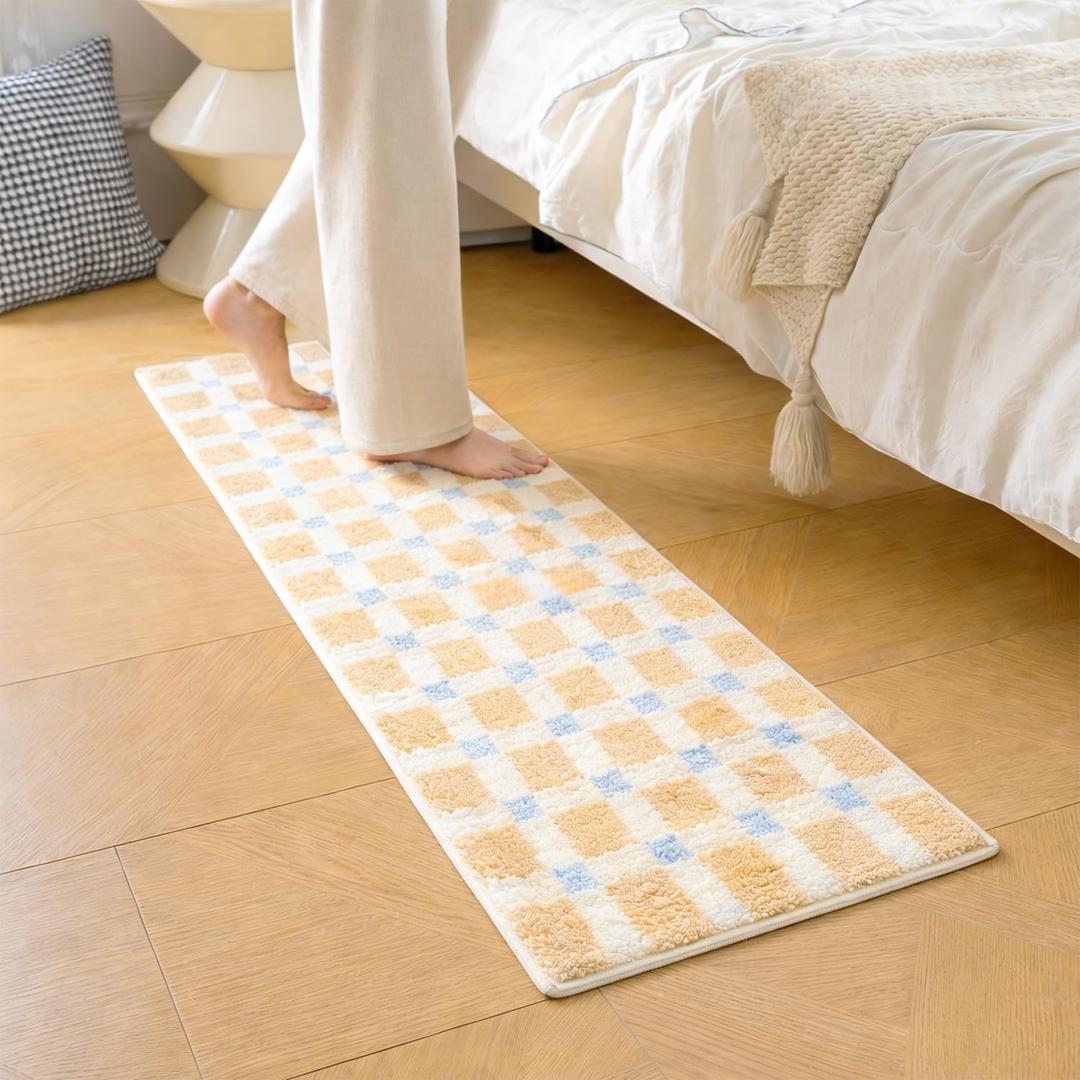 GIB Bathroom Runner Rug Mat 47" x 16", Extra Soft Absorbent Plush Fluffy Bath Rugs, Non-Slip Washable Bath Mats for Bathroom Floor Shower Bedroom Decor, Warm Beige Cream Checkered with Blue Accents