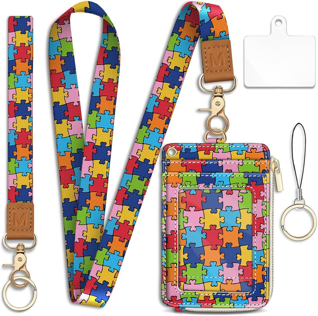 Lanyard Wallet with Id Badge Holder, Autism Awareness RFID Small Keychain Wallet Women Wristlet, Cute Zipper Credit Card Holder Phone Wrist Neck Strap for Key Name Tag, Student Office Gifts