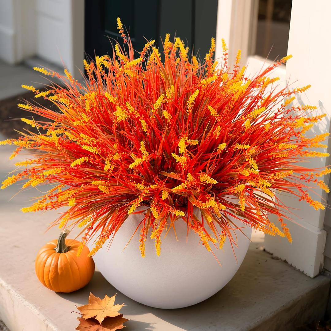 Artificial Fall Outdoor Faux Plants Decoration, 12 Bundles Fake Monkey Grass for Autumn Indoor Decor, Fall Lavender Flower Shrubs UV Resistant Bush Planter No Fade for Garden Porch Balcony(Mix) (Orange Brown)