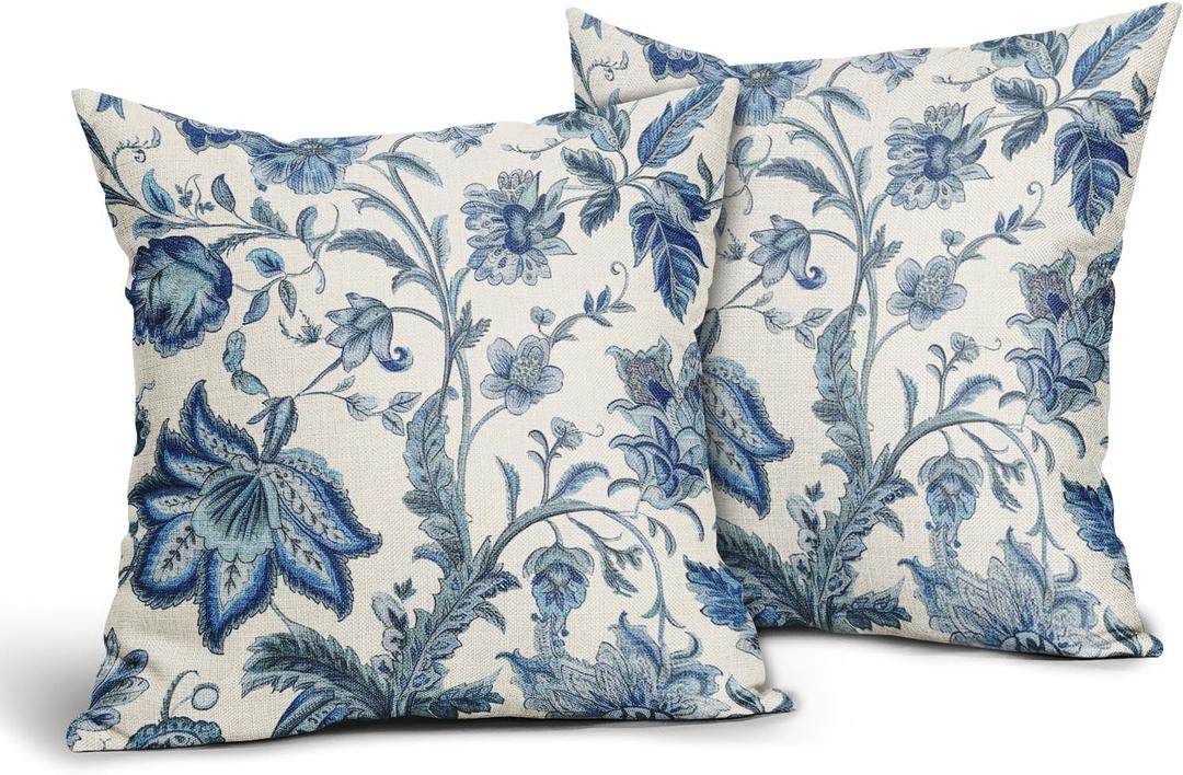 Chinoiserie Pillow Covers 20x20 Inch Pack of 2 Navy Blue White Floral Pillow Covers Vintage Farmhouse Flower Outdoor Pillowcase Square Linen Cushion Cover for Bedroom Sofa Couch Living Room Home Decor