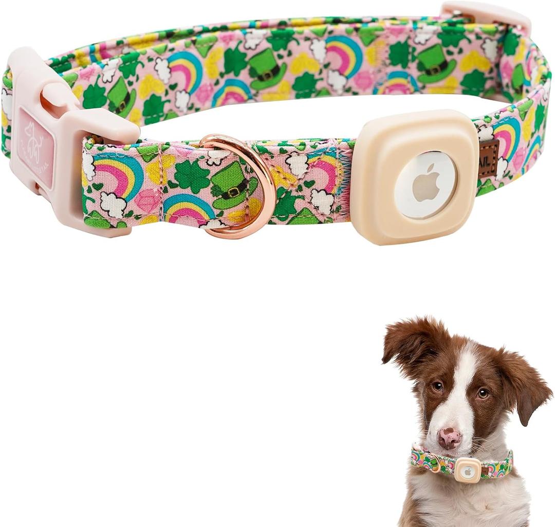 2 x Elegant Little Tail Airtag Dog Collar, St Patrick's Holiday Collar With Holder, Cute Adjustable Puppy Collar for Large Dogs (Large (Pack of 1), Rainbow Lucky Clover)