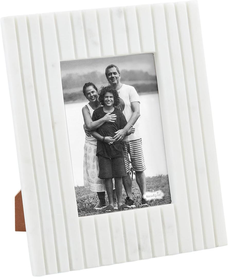 Mud Pie 5X7 White Stripe Marble Frame; 10 3/4" x 8 3/4"